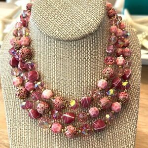 Vintage vendome triple strand crystal beaded necklace gold pink